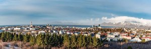 Panoramisch uitzicht over Reykjavik met een hoge kerk, een baai, besneeuwde bergen en naaldbomen op de voorgrond in IJsland