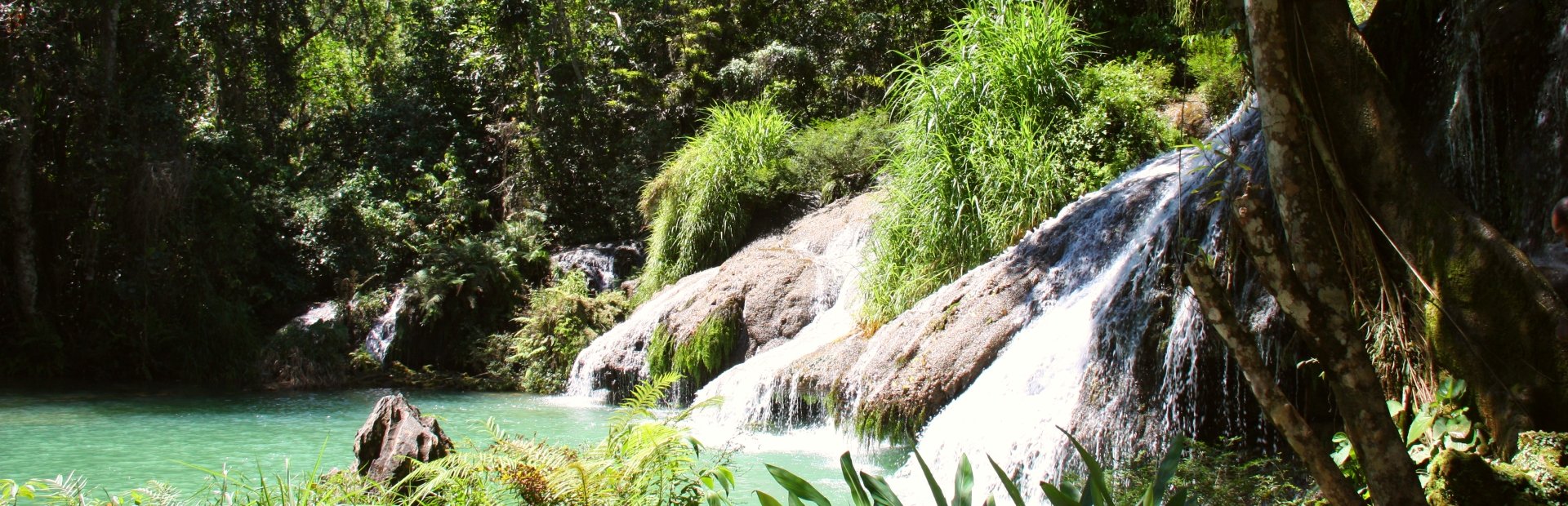 Rustige turquoise poel met kleine watervallen over rotsen omringd door weelderige jungle in Topes de Collantes Cuba