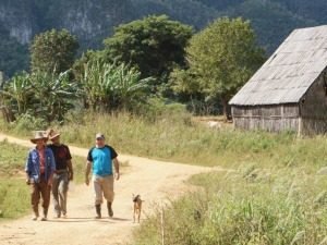 Drie mannen en een hond lopen over een zandweg langs een rustieke schuur met tropische bomen en bergen op de achtergrond bij Viñales in Cuba