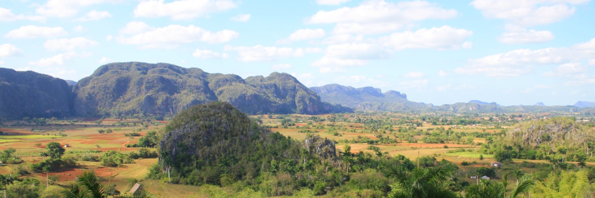 Panorama van de Viñales-vallei in Cuba met karstheuvels, kleurrijke akkers en verspreide bomen onder een blauwe lucht