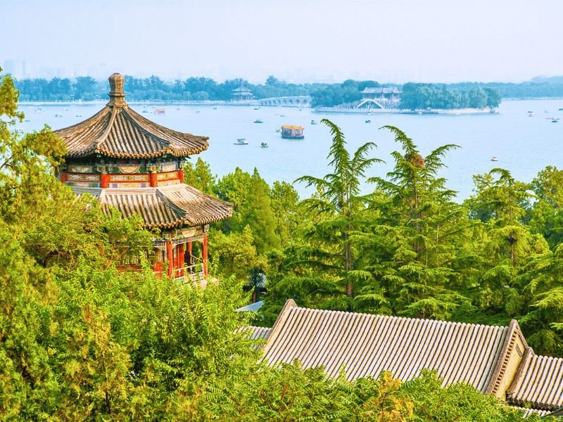 Zomer paleis Beijing van bovenaf met uitzicht over het water