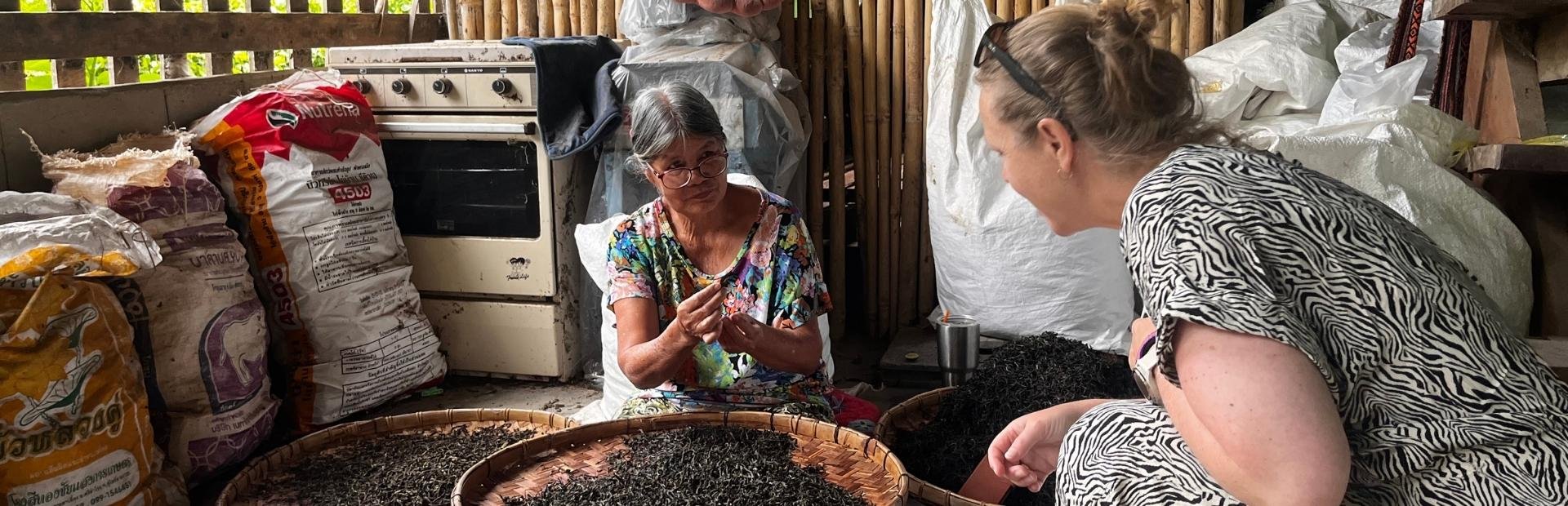 Lokale vrouw toont een reiziger hoe thee met de hand wordt gesorteerd in een traditionele werkruimte.
