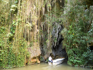 Kleine boot met een persoon vaart een donkere grot in, omgeven door dichte jungle en begroeiing bij de Gran Caverna de Santo Tomás in Cuba