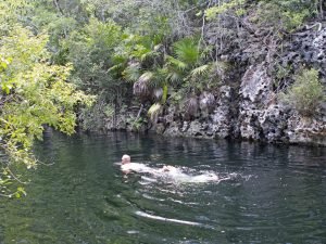 Persoon zwemt in donker water omringd door weelderige groene bomen en een rotsachtige oever in Cuba