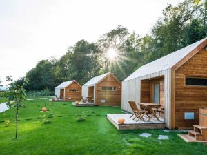 Moderne houten cabins met terrassen en pompoenen op een groen grasveld in de zon in Slovenië