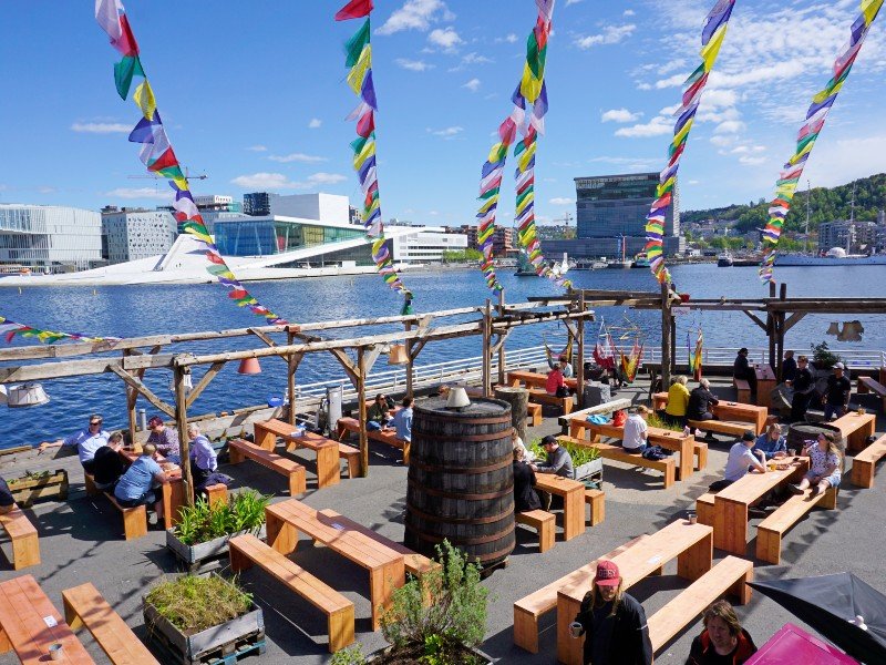 Waterfront outdoor restaurant with people dining under colorful flags, with the Oslo Opera House and city buildings in the background.