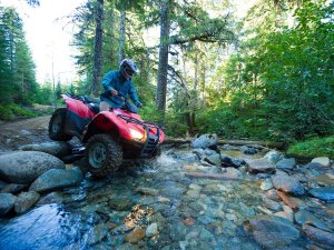 Persoon op een rode ATV bij Ohrid in Noord-Macedonië die door een rotsachtige beek in het bos rijdt