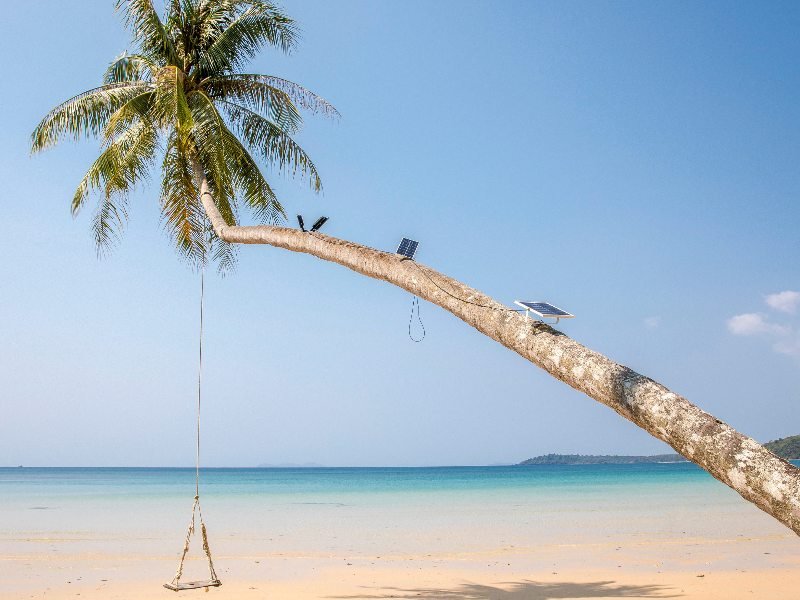 Leeg strand met een dunne, schuine palmboom waar een schommel aan hangt. Aan de stam hangen zonnecollectoren. De zee is helder en de lucht is wolkeloos