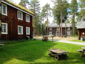 A rustic scene with a dark wooden building featuring a grass roof, a grassy lawn with an old cart, and a forest in the background.