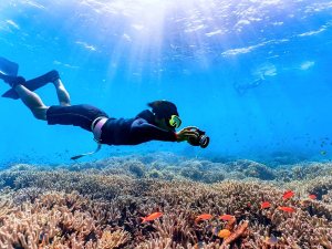 Snorkelaar met onderwatercamera boven kleurrijk koraalrif.