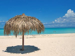 Wit zandstrand met palmbomen en helderblauwe zee op Cayo Largo Cuba