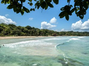 Rustig strand met helderblauwe golven en groene jungle op de achtergrond, gezien vanaf de schaduw van boombladeren