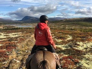 Woman on horseback overlooking a vast autumn landscape with mountains and a lake.