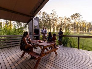 Groep mensen ontspant op een houten terras met picknicktafel en buitenbarbecue, uitkijkend over een bos bij zonsondergang in Zuid-Afrika