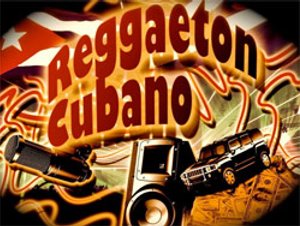 Grafische afbeelding met “Reggaeton Cubano” tekst, Cubaanse vlag, microfoon, speaker en een zwarte Hummer in Cuba