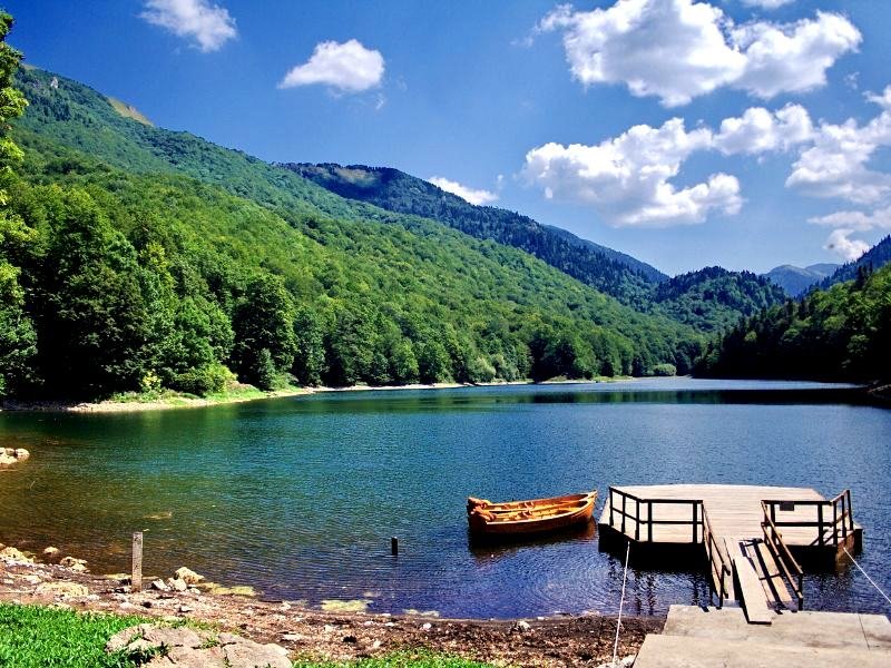 Rustig bergmeer met houten steiger en boot, omringd door groene bossen onder een heldere blauwe lucht in Kroatië
