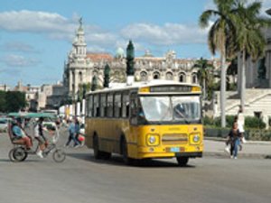 Gele bus rijdt door een drukke straat met fietstaxi voetgangers en een statig gebouw op de achtergrond in Havana Cuba