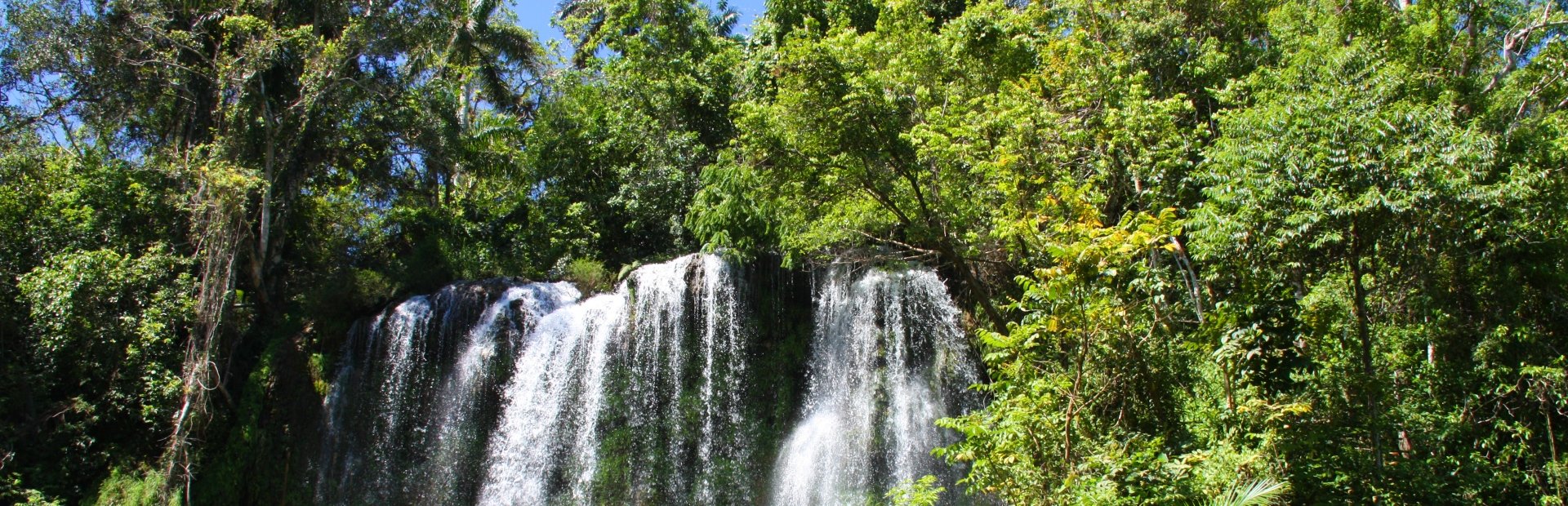 A panoramic view of a waterfall cascading through lush green tropical foliage.