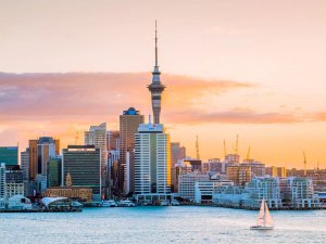 Stads skyline van Auckland met de Sky Tower en een zeilboot op het water bij zonsondergang aan de kust in Nieuw-Zeeland