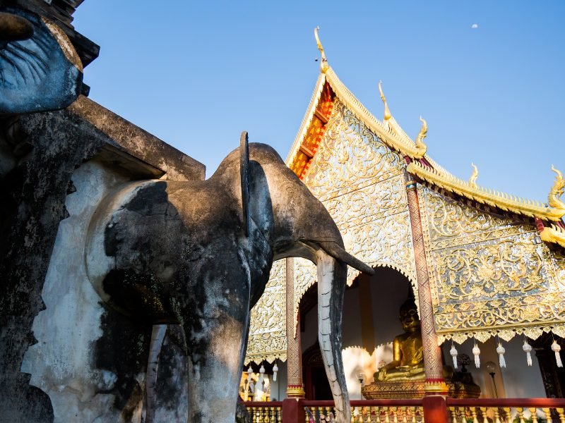 Detail van een tempel in Thailand met verguld houtsnijwerk en een verweerd stenen olifantenbeeld op de voorgrond.