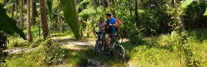Drie reizigers staan met hun fietsen tussen palmbomen en lage groene begroeiing.