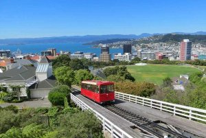Rode kabeltram op rails met uitzicht over een stad, baai en bergen onder een blauwe lucht in een stedelijke omgeving