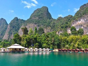 Drijvende bungalows met rieten daken liggen aan een houten steiger op een helderblauw meer, omringd door dichtbegroeide jungle en indrukwekkende, steile kalkstenen rotsen in Khao Sok National Park in Thailand. Op de achtergrond rijzen de groene bergen steil omhoog onder een strakblauwe lucht.