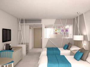 Een moderne hotelkamer met twee bedden, blauwe bedspreien, een geometrisch wandontwerp en een tv in Cuba